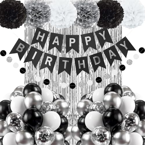 Geburtstag Dekoration Set, Mann Frauen Geburtstagsdeko, Schwarz Silber Happy Birthday Banner, Luftballons DIY Party Papier Pompoms Lametta Vorhang für Jungen Mädchen Geburtstag Deko Party Supplies Geburtstag Dekoration Set, Mann Frauen Geburtstagsdeko, Schwarz Silber Happy Birthday Banner, Luftballons DIY Party Papier Pompoms Lametta Vorhang für Jungen Mädchen Geburtstag Deko Party Supplies von TOPHOPE
