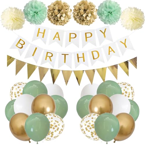 Geburtstag Dekoration Weiß Gold, Mann Frauen Geburtstagsdeko, Happy Birthday Banner, Grün Gold Luftballons DIY Party Papier Pompoms für Jungen Mädchen Geburtstag Deko Party Supplies von TOPHOPE