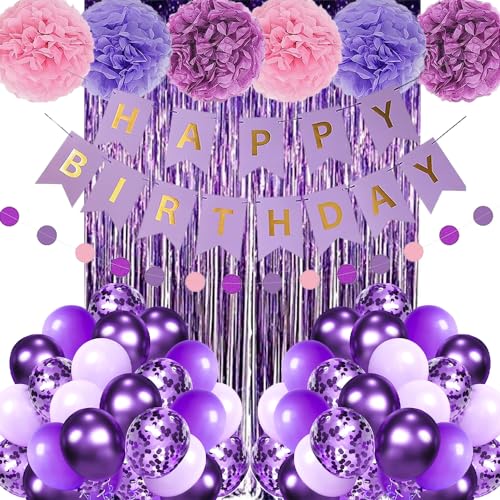 Lila Geburtstag Dekoration Set, Mädchen Frauen Geburtstagsdeko, Lila Happy Birthday Banner, Luftballons DIY Party Papier Pompoms Lametta Vorhang für Mädchen Geburtstag Deko Party Supplies Violett Lila Geburtstag Dekoration Set, Mädchen Frauen Geburtstagsdeko, Lila Happy Birthday Banner, Luftballons DIY Party Papier Pompoms Lametta Vorhang für Mädchen Geburtstag Deko Party Supplies Violett von TOPHOPE