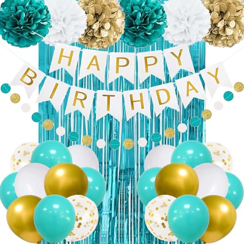 Teal Blue Geburtstag Dekoration, Geburtstagsdeko Türkis, Happy Birthday Banner Girlande, Tiffany Blue Gold Luftballons DIY Party Papier Pompoms Lametta Vorhang für Frauen Mädchen Geburtstag Deko Party von TOPHOPE