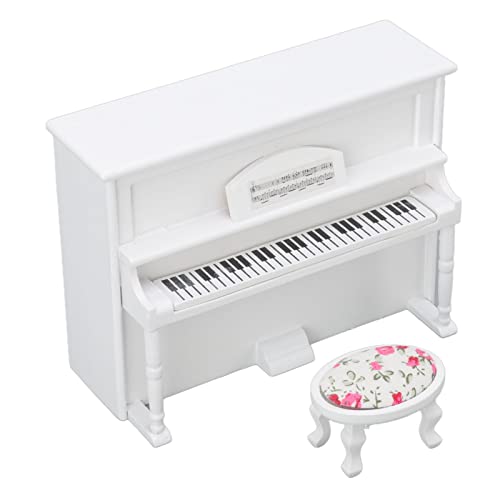 TOPINCN 1:12 Puppenhaus Weißes Holz Miniatur Klavier mit Musikhocker für Dollhouse Dekoration und Rollenspiele, Umweltfreundliches Birkenmaterial Schlafzimmer, Studium, Studium von TOPINCN