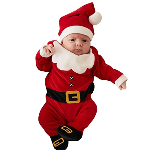 TOPJIAO Baby Weihnachtskostüme, Kleinkinder Weihnachtsmannanzug, Baby Jungen Mädchen Santa Cosplay Kostüm Baby Weihnachten Santa Mäntel Tops + Hosen + Hüte + Socken 4Pcs Warme (W4-Red, 0-3 Months) von TOPJIAO