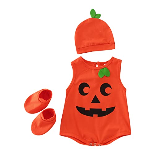 TOPJIAO Halloween Kostüm Kürbis Kinder, Kleinkind Jungen Mädchen Halloween Strampler Ärmellos Cartoon Cosplay Kostüm Strampler Hut Schuhe Outfits Baby Boy Anzug (Orange, 0-3 Months) von TOPJIAO