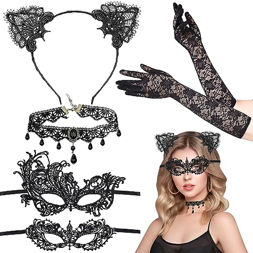 TOPJOWGA 5 Stück Katzenkostüm Damen, Damen Spitze Augenmaske Kit, Halloween Spitzenmaske, Spitzenhandschuhe, Katzenohren Haarreif, Spitzenhalskette, Halloween Karneval Kostüm Damen von TOPJOWGA