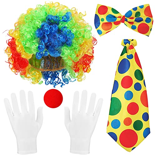 TOPJOWGA Clown Kostüm Accessoire, 5 Stück Clown Kostüm Set, Clown Lockenperücke, Krawatte, Clownschleife, Clownnase und Handschuhe, Clown Kostümzubehör, Clown Partys Karneval Kostüm Zubehör von TOPJOWGA