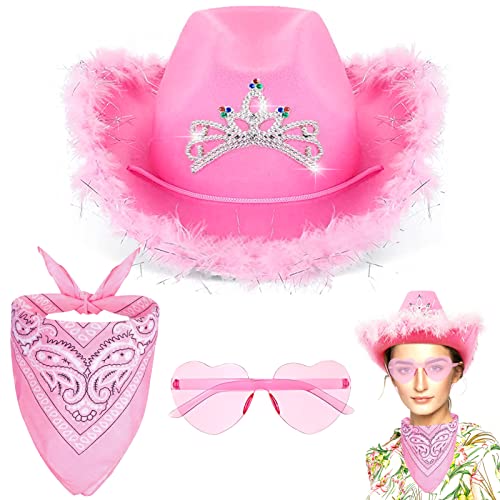 TOPJOWGA Cowboy Hut, 3 Stück Cowgirl Kostüm Set, Rosa Hut mit Feder, Partybrille, Rosa Bandana, Rosa Cowgirl-Hut, Damen Cowboyhut Filz, Cosplay Party Halloween Karneval Kostüm Zubehör von TOPJOWGA