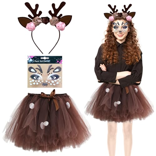 TOPJOWGA Damen Geweih Kostüm, Rentier Karneval Damenkostüm, Tutu Rock, Haarreif, Gesicht Tattoos, Weihnachten Halloween Verkleidung Party-Kostüm (B) von TOPJOWGA
