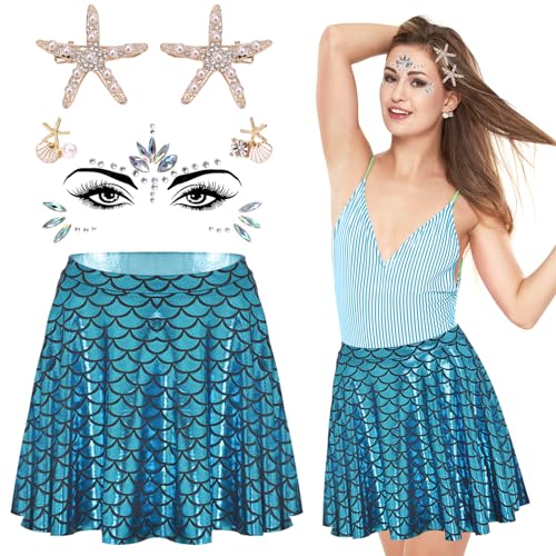 TOPJOWGA Damen Meerjungfrau Kostüm, Meerjungfrau Rock, Seestern Haarschmuck, Seestern Ohrringe, Meerjungfrau Glitzersteine Gesicht, Meerjungfrau Kostüm Halloween Karneval Mottoparty Cosplay von TOPJOWGA