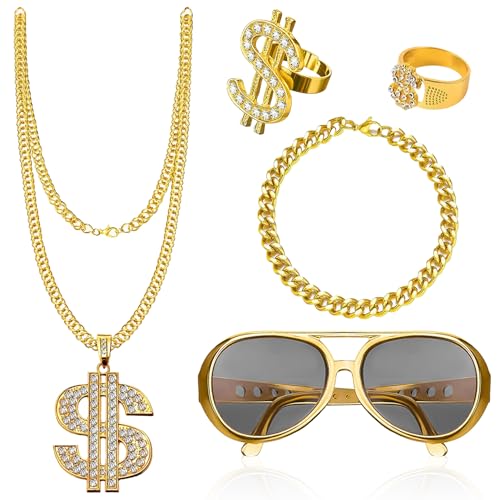 TOPJOWGA 5 Stück Hip Hop Kostüm Set, Hippie Accessoires, Hip Hop Dollar Ring Halskette Brille, 80er Outfit Herren Kostüm Hiphop, 80er 90er Rapper Zubehör für Fasching & Karneval Cosplay Kostüm von TOPJOWGA