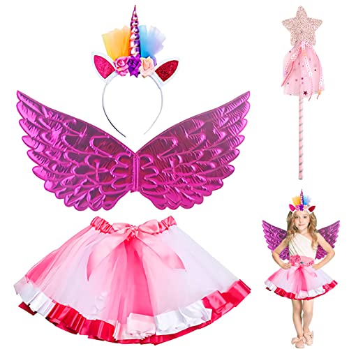 TOPJOWGA Einhorn Kostüm Prinzessin Set, Mädchen Einhorn Prinzessin Kleid, Unicorn Cosplay Kostüme Kinder, Einhorn Ballettrock Stirnband Flügel Zauberstab für Geburtstag Cosplay Karneval Halloween von TOPJOWGA