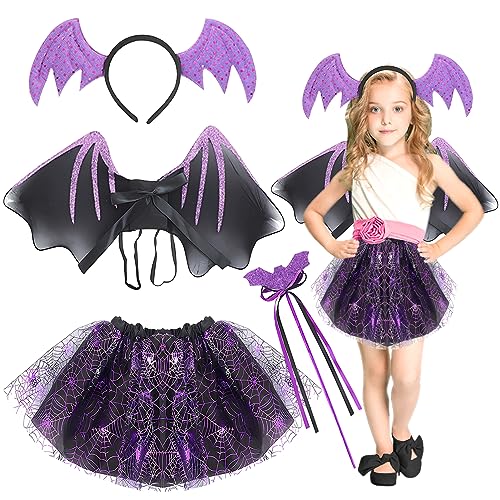 TOPJOWGA Fledermaus Kostüm Kinder, 4-teiliges Feenkostüm Kinder, Feen Kostüm Halloween, Haarreif, Zauberstab, Flügel, Tutu Rock, Mädchen Kostüm Kinder für Karneval Halloween Cosplay von TOPJOWGA