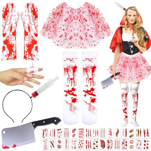 TOPJOWGA Halloween Blut Kostüm Deko Set, 38 Stück Halloween Kostüm Accessoire, Horror Haarreif, Blutige Knie-Strümpfe, Tutu-Röcken, Handschuhen, Tattoo-Aufkleber, Machete, Halloween Zombie Cosplay von TOPJOWGA