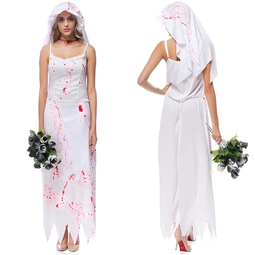 TOPJOWGA Halloween Kostüm Damen - Geisterbraut, Blutiger Brautschleier, Horror Braut, Halloween Kleidung Mit Blutigem Party, Karneval, Cosplay von TOPJOWGA