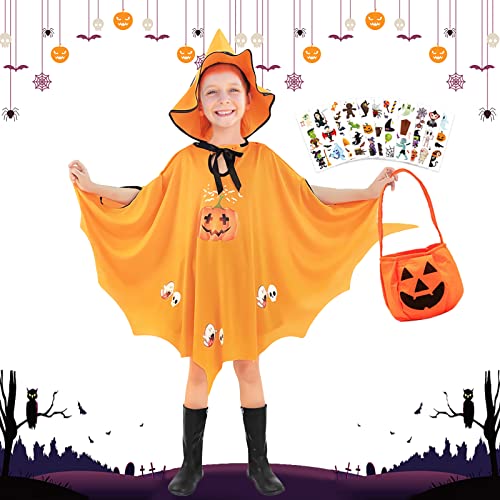 TOPJOWGA Halloween Kostüm Kinder mit 10 Halloween Aufkleber, Halloween Hexe Zauberer Umhang Fledermaus Umhang mit Kürbis Candy Bag, Zauberer Cape, Hexenkostüm Kürbis für Cosplay Karneval (Orange) von TOPJOWGA