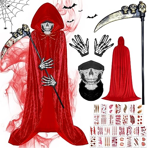 TOPJOWGA Halloween Umhang mit Kapuze, Sensenmann Kostüm, 180 cm Vampir Umhang, Halloween Umhänge Kostüm Erwachsene, Halloween Umhang Herren Damen für Halloween Kostüm Cosplay Party von TOPJOWGA