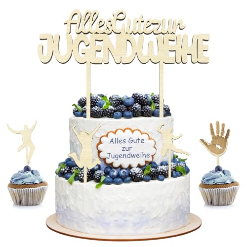 TOPJOWGA Holz Jugendweihe Tortendeko, 5 Stück Holz Tortendeko Zur Jugendweihe, Alles Gute zur Jugendweihe Cake Topper, Holz Kuchen Topper, Holz Cake Topper für Jugendweihe Deko von TOPJOWGA