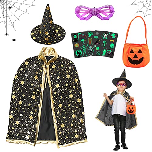 TOPJOWGA Kinder Halloween Kostüm mit 5 Halloween Leuchtende Tattoo, Hexe Zauberer Umhang mit Hut für Kinder, Kürbis Candy Bag, Halloween LED Brillen Spinne, Halloween Hexe Umhang für Cosplay Karneval von TOPJOWGA