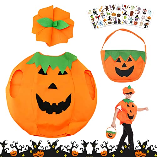 TOPJOWGA Kinder Kürbis Kostüm, Kürbiskostüm Halloween mit Hut, Kürbis Candy Bag, Halloween-Aufkleber, Kinder Halloween Kostüme für Jungen Mädchen Cosplay Party von TOPJOWGA