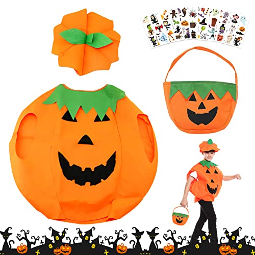 TOPJOWGA Kinder Kürbis Kostüm, Kürbiskostüm Halloween mit Hut, Kürbis Candy Bag, Halloween-Aufkleber, Kinder Halloween Kostüme für Jungen Mädchen Cosplay Party von TOPJOWGA