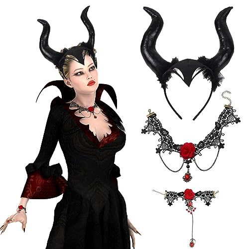 TOPJOWGA Königin Hörner Teufel Kopfschmuck Set - 3 Stück Kopfbedeckung, Spitze Halskette, Armbänder - Kostüm für Cosplay, Karneval, Halloween von TOPJOWGA