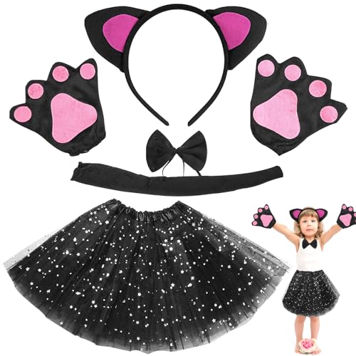 TOPJOWGA Kostüm Katze Mädchen, Kostüm Katze Kinder, Katzen-Cosplay-Set für Mädchen, Katzen Kostüm mit Tutu Rock Fliege Katzenohren Haarreif Stirnband, Halloween Karneval Verkleidung Party-Kostüm von TOPJOWGA