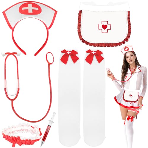 TOPJOWGA Krankenschwester Zubehör Set, 7 Stück Krankenschwester Kostüm für Damen und Mädchen, Haarreif, Stethoskop, Kniestrümpfe, Mottoparty Halloween Karneval Verkleidung Party-Kostüm von TOPJOWGA