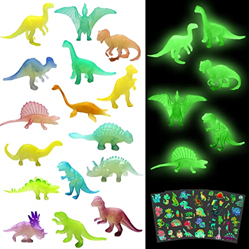 TOPJOWGA Leuchten Dinosaurier Spielzeug, 32 Stück Leuchtende Dinosaurier Figuren mit 5 Blätter Dinosaurier Tattoo Kinder, Mini Dinosaurier Figuren Party Mitgebsel Leuchtet im Dunkeln von TOPJOWGA