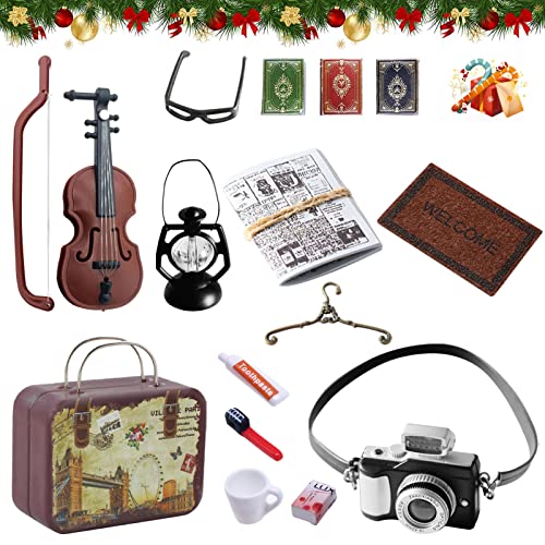 TOPJOWGA Miniatur Zubehör, 15Stück Miniatur Puppenhaus Set, Mini Puppenhaus Vintage Koffer Zahnpasta Zahnbürste Kamera Petroleumlampe Gitarre Bücher Brille Zeitung Seife, Miniatur Garten Haus Deko von TOPJOWGA