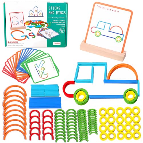 TOPJOWGA Montessori Spielzeug ab 3 Jahre, Formanpassung Spiel, 120 Holz Sticks und Ringe, 20 Karten, Form Farberkennung Montessori Steckpuzzle, Farbsensorisches Lernspielzeug, Vorschule Lernspiele von TOPJOWGA