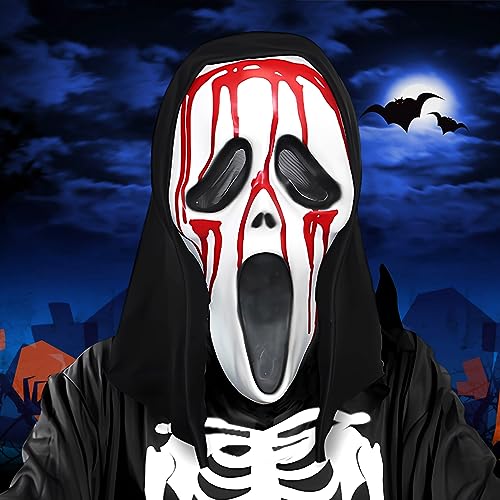 TOPJOWGA Halloween Ghostface Maske, Schrei Maske Horrorfilm, Geist Scream Maske, Blut Latex Maske, Maske Gruselige Requisiten, Gruselmaske für Karneval Cosplay Halloween Party von TOPJOWGA