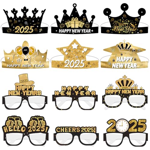 TOPJOWGA Silvester Brille 2025, 12 Stück Partybrille Haarreifen, Happy New Year Brillen, Frohes Neues Jahr, Neujahrsdeko Lustige Party Favors von TOPJOWGA