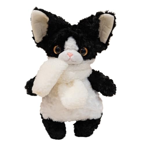 TOPLITHE Devon Rex Katze Kuscheltier Flauschige Devon Rex Katze mit Weichem Schal Plüschtier Kuschelkissen Spielzeug for Kindergeburtstage und Weihnachten(Black) von TOPLITHE