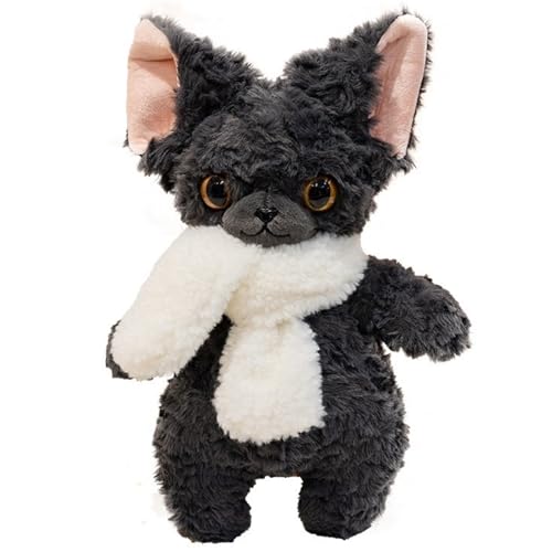 TOPLITHE Devon Rex Katze Kuscheltier Flauschige Devon Rex Katze mit Weichem Schal Plüschtier Kuschelkissen Spielzeug for Kindergeburtstage und Weihnachten(Gray) von TOPLITHE