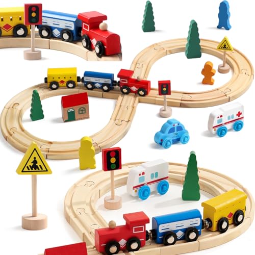 TOPLIVING Holzeisenbahn-Set - 33-teilige Holzeisenbahnschienen für Kinder, Kleinkinder ab 3, 4 und 5 Jahren - Premium-Holzspielzeug - Passend für Thomas, Brio, IKEA, Melissa und Doug von TOPLIVING