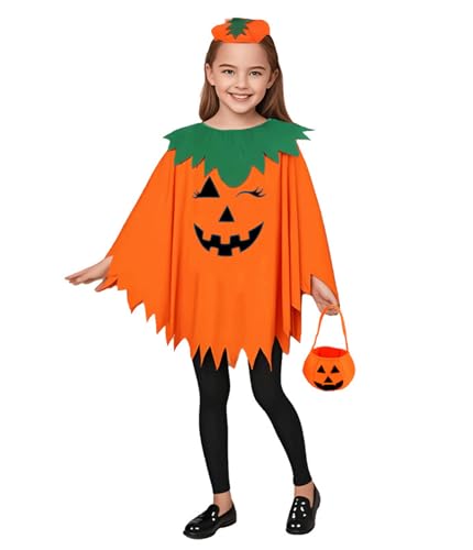 Kürbis-Halloween-Kostüm für Kinder, Kürbis-Outfit mit Hut und Süßigkeitentüte, leuchtet im Dunkeln, Kürbis-Umhang, Hexenumhang, Halloween-Kostüm, Party-Zubehör, Cosplay-Requisiten für Jungen und von TOPOQ