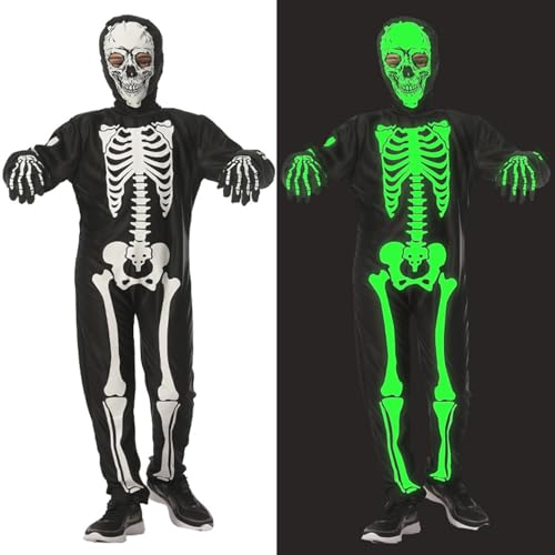 TOPOQ Halloween-Skelett-Geister-Kostüm für Kinder, leuchtet im Dunkeln, Skelett-Overall, Outfits, Tag der Toten, Einteiler, gruselige Skelette, Kostüm mit abnehmbarer Totenkopf-Maske, Handschuhe von TOPOQ