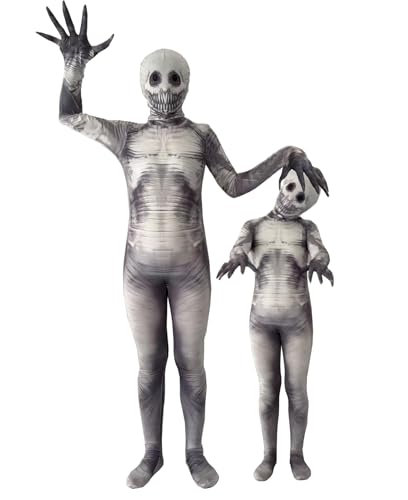 TOPOQ Halloween-Zombie-Mumien-Kostüm für Kinder und Erwachsene, gruseliges Zombie-Outfit, Skelett-Einteiler, Overall, abnehmbarer Totenkopf-Maske, Hut, Halloween-Kostüm, Fasching, Cosplay von TOPOQ
