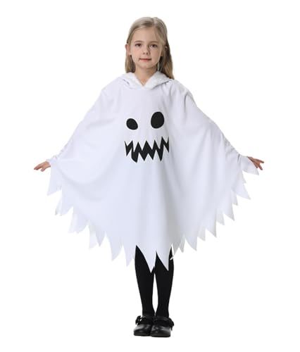 TOPOQ Weißes Halloween-Geister-Kostüm für Kinder, leuchtet im Dunkeln, Geisterumhang mit Kapuze, Geister-Outfit, Hexenumhang, Halloween-Kostüm, Party-Zubehör, Cosplay-Requisiten für Jungen und Mädchen von TOPOQ