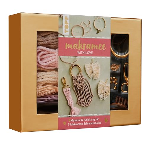 Makramee-Schmuckset „with Love“ (Rosé/Natur): Anleitung und Material für 5 Makramee Schmuckstücke. Mit Makramee-Drahtbürste und Knüpfboard. von TOPP