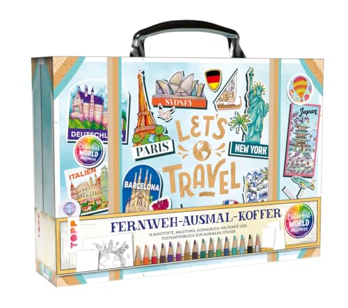 TOPP Colorful World Weltreise - Fernweh-Ausmal-Koffer. Koffer mit Ausmalbuch, Postkartenblock und großer Karte zum Ausmalen, kleinem Anleitungsbuch und 16 Buntstiften mit weichen Minen von TOPP