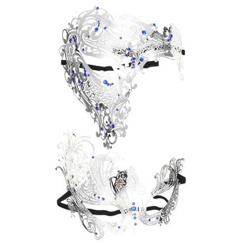 TOPPERFUN 2 Stück Silberne Halbgesichts Masken mit Blauen Strasssteinen Metall Masken für Halloween und Maskenball Multifunktionale Party Deko für Karneval Festivalzubehör und Cosplay von TOPPERFUN