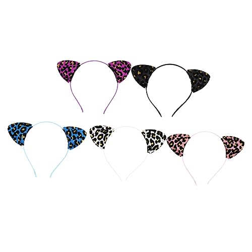 TOPPERFUN 5 Stück Katzenohren Haarreif mit Glitzer Leopardenmuster Verstellbare Haarbänder Blau Schwarz Silber für Partys und Kostüme von TOPPERFUN