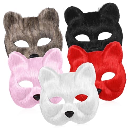 TOPPERFUN 5 Stück Teiliges Plüsch Fuchs Tiermaske Realistische Mask mit Augenlöchern Atmungsaktiv für Maskerade Karneval Halloween Fasching und Kostümpartys Weiß Rot Schwarz Rosa von TOPPERFUN