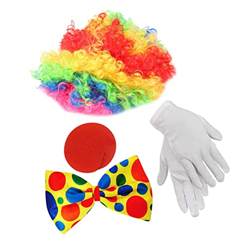 TOPPERFUN Clown Kostümzubehör Set für Erwachsene Teiliges Karneval Outfit mit Bunter Perücke Fliege Handschuhen und Clown Nase für Halloween und Cosplay Party von TOPPERFUN