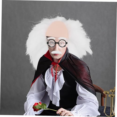 TOPPERFUN Wissenschaftler Perücke mit Schnurrbart und Augenbrauen Realistisches Grandpa Kostüm Zubehör für Halloween Cosplay und Themenpartys Weiße Professor Perücke mit Netz und Brille von TOPPERFUN