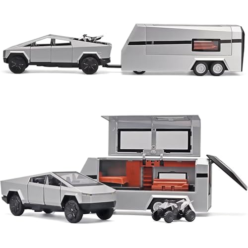TOPRON Tesla Cybertruck Modellauto,Cyber Truck Spielzeug mit Wohnmobil,Strandmotorrad,1:32-Modellbausatz für Pickup-Anhänger aus Druckgusslegierung mit Licht und Sound,für Kinder ab 3 Jahren (Silber) von TOPRON