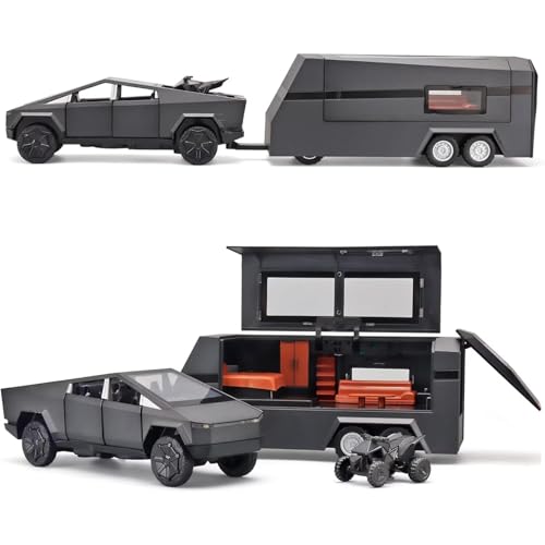 TOPRON Tesla Cybertruck Modellauto,Cyber Truck Spielzeug mit Wohnmobil,Strandmotorrad,1:32-Modellbausatz für Pickup-Anhänger aus Druckgusslegierung mit Licht und Sound,für Kinder ab 3 Jahren (Grau) von TOPRON