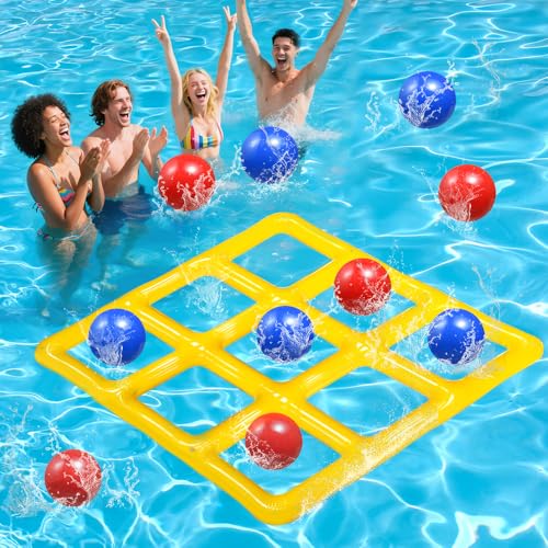 Aufblasbares Wasserspielzeug,Tic Tac Toe Pool Spielzeug mit 10 Aufblasbarer Ball,9-Kästchen-Gitter-Wasserspielzeug,Poolspielzeug ab 5 Jahre,Wasserspiele Pool für Kinder und Erwachsene(Gelb) von TOPRUNYI