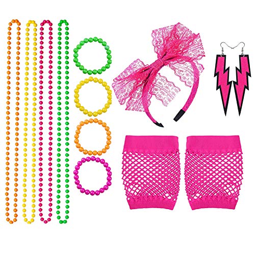 TOPWAYS® 1980s Partei Fancy Dress Zubehör Set, 80er Mädchen Frauen Night Out Party Kleid Perlen Neonhalsketten, Armbänder, Fishnet Netzhandschuhe,Stirnband und Neonohrringe (Pink) von TOPWAYS