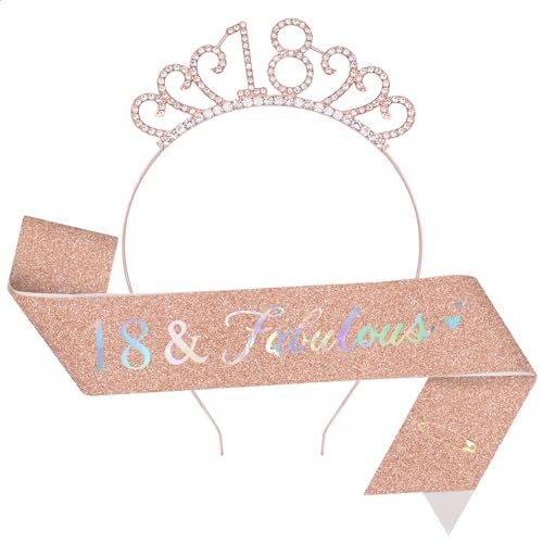 TOPWAYS 18. Geburtstag Mädchen Frauen Deko Schärpe und Tiara Kit, Geburtstag Geschenke Fabulous Sash & Headband Krone Geburtstag für 18 Geburtstag Deko Mädchen Frauen (18 Fabulous, Roségold) von TOPWAYS